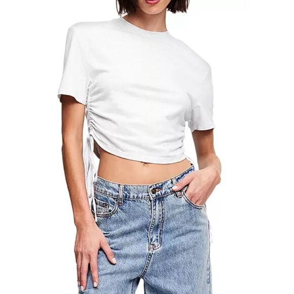 Lioness Drawstring Crop Top Size Small Light Gray Crewneck Short Sleeve Tee NEW - Picture 1 of 9